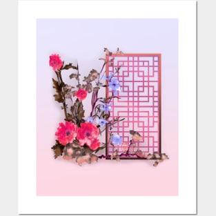 Pink sumiE watercolor flowers with a chinese lattice Posters and Art